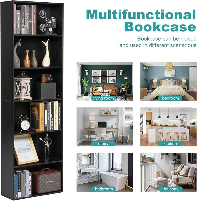 6-Tier Book Shelf, Floor Standing Open Bookcase, Wooden Display Storage Shelves with Anti-Tipping Device, 71" Tall Bookshelf for Bedroom, Living Room and Office, Black