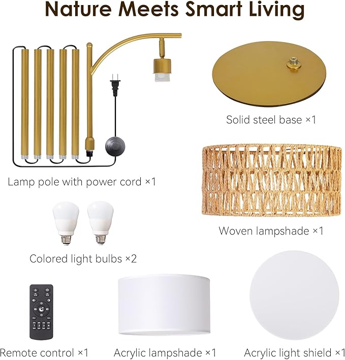 Bohemian Rattan Floor Lamp for Living Room - Golden Arc Design, 12W LED (1 in use + 1 Spare), Remote & Dimmable 3 - Color Temp, Tall Standing Lamp