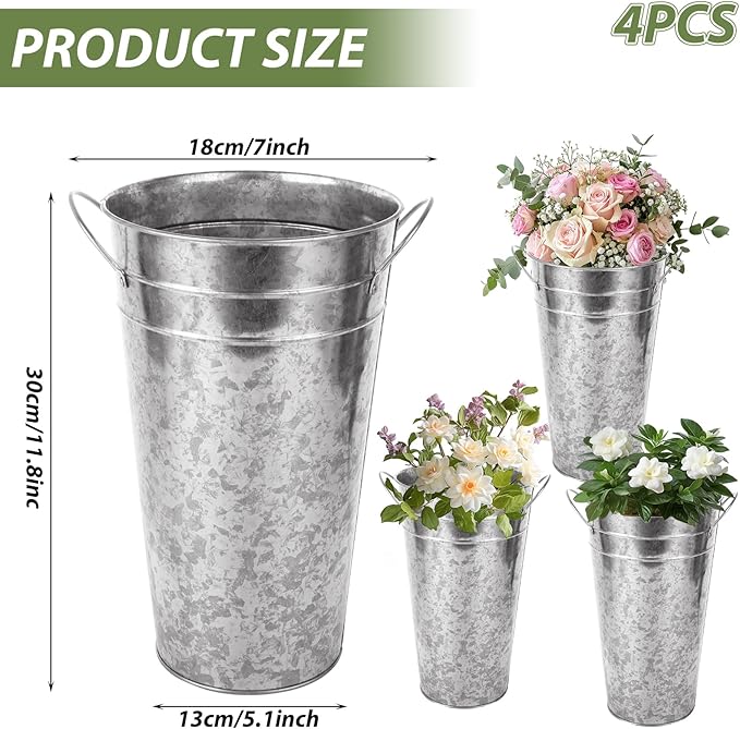 4 PCS Flower Buckets Bulk 12 Inch Galvanized Flower Bucket Metal Flower Vase with Handle, Metal Bucket Planter Floral Container for Flowers Arrangements Table Centerpiece Weddings Home (Silver)
