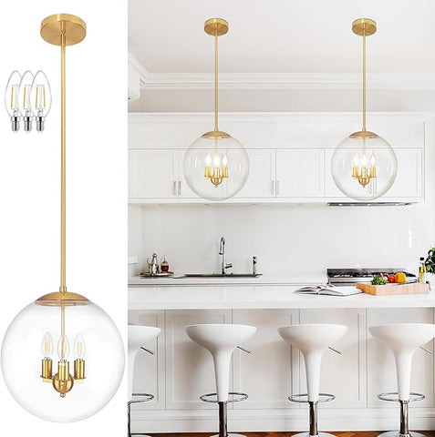 13.7" Globe Pendant Light Contemporary Globe Pendant Lights Kitchen Island 3 Light Gold Mid Century Pendant Light Clear Glass with Brass Finish Adjustable Hanging Light Fixture for Dining Room
