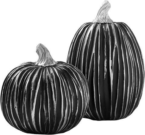 DN DECONATION Pumpkin Decorations for Fall and Halloween Indoor Home Decor, Black and Silver Faux Pumpkins–Fall Halloween Table Centerpiece, 2-Pack Resin Pumpkin for Thanksgiving Modern Farmhouse