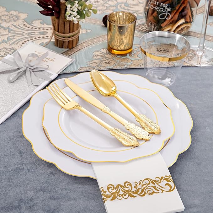 NOCCUR 175PCS Gold Plastic Plates with Disposable Silverware - White Gold Plastic Tableware Include 25 Dinner /25 Dessert Plates, 75 Cutlery, 25 Cups, 25 Napkins - Ideal for Party&Thanksgiving