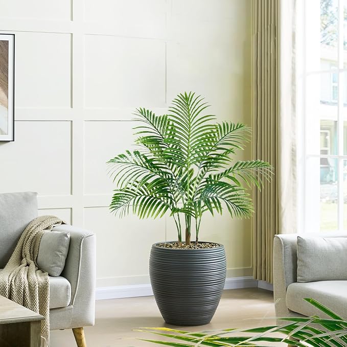 Artificial Fake Palm Tree 3FT Tropical Faux Palm Trees in Pot with 9 Trunks and Real Bark Design Areca Floor Plant Faux Palm Plant for Indoor Outdoor Home Decor