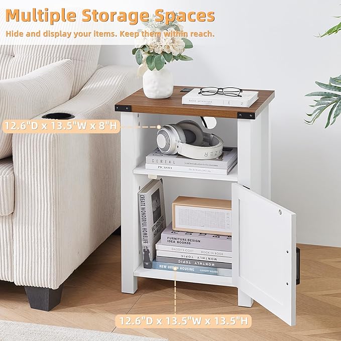 Nightstand with Charger Station and USB Port, 18 Inch Farmhouse Night Stand with Storage Shelf, Modern Couch Side Table with Magnetic Door, Bedside Tables for Bedroom, Home, Antique White