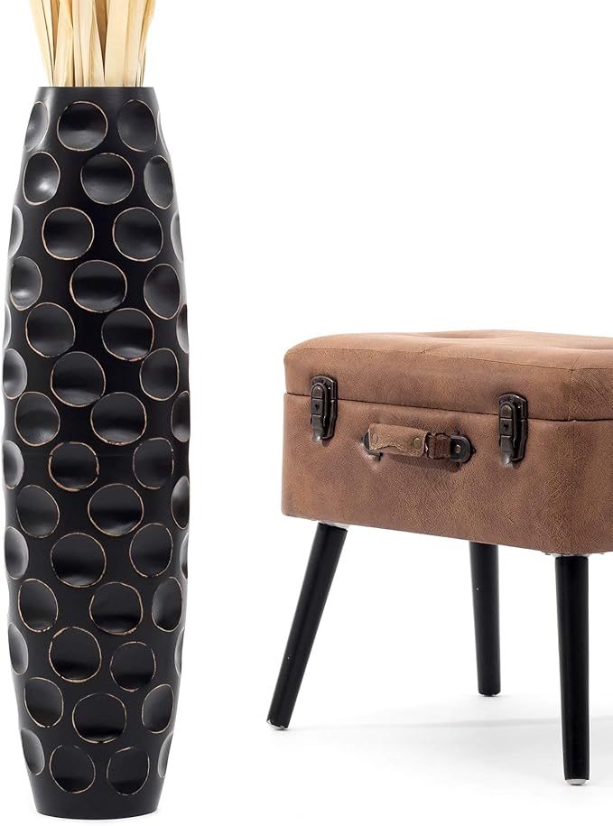 Leewadee Large Black Home Decor Floor Vase – Wooden 26 inches Tall Farmhouse Decor Flower Holder for Fake Plant and Pampas Grass