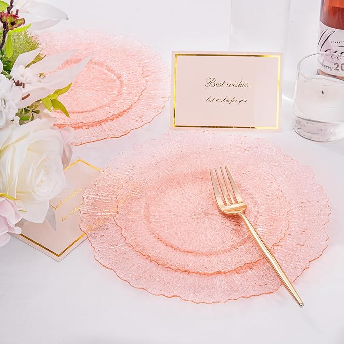 U-QE 60PCS Pink Plates for Party - Pink Plastic Plates Disposable&Reusable - Clear Pink Heavy Duty Plastic Plates for Party Including 30 Plastic Dinner Plates 10" & 30 Plastic Dessert Plates 7"
