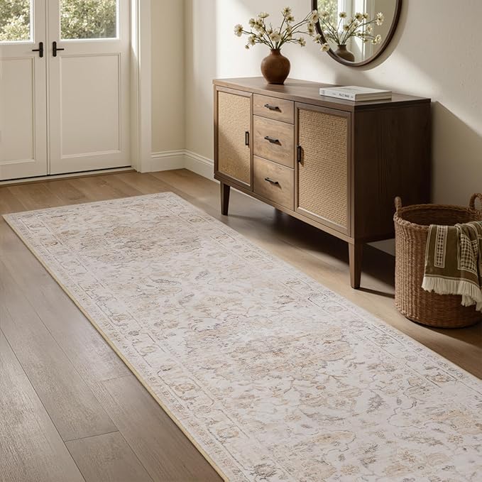PADOOR-Vintage Runner Rug 2X10 Runners for Hallways-Soft Beige Washable Bedside Rugs for Bedroom-Non Slip Long Rug for Hallways Entryway Laundry Room Stair Kitchen Bathroom