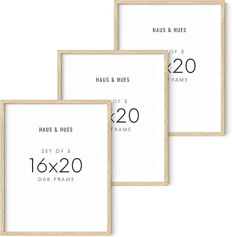 HAUS AND HUES Beige Wood Oak 16x20 Picture Frame, Set of 3 - Modern Wood Wall Art Display - Lightweight 16x20 Frame Set of 3 for Art Prints, Photos, Posters - Ready-to-Hang Vertically & Horizontally