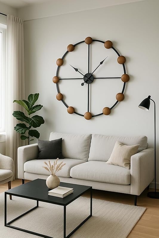 Large Modern Wall Clock – Black Metal Frame with Wooden Spheres – Minimalist Industrial Design – Silent Non-Ticking – Unique Wall Art for Living Room or Office (28 Inch / 70 cm)