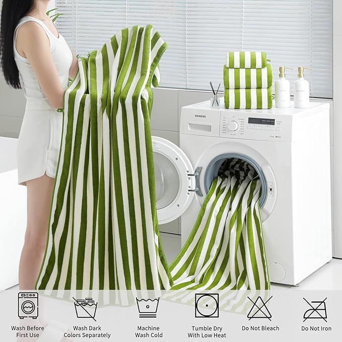 18 Pcs Green Cabana Stripe Family Towels Set with Hanging Loop-6 Bath Sheets,6 Hand Towels,6 Washcloths Ultra Soft Bathroom Towel Highly Absorbent Quick Dry Shower Towel for Beach Chair,Spa,Gym,Hotel