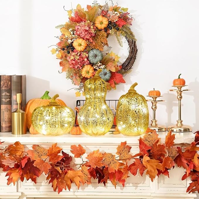 NEEDOMO Lighted Glass Pumpkin Decor, Set of 3 Gold Mercury Glass Pumpkins with Lights and Timer for Fall Thanksgiving Decorations, LED Collectible Figurines Fall Centerpiece for Tables Home
