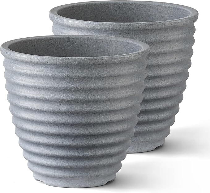 ARBORA 16" Ibiza Polyresin Indoor and Outdoor Planter with Stone Blend Concrete Gray Finish - Durable, Weatherproof, Lightweight, Large Plant Pot for Patio, Garden, Deck, Entryway - 2 Pack