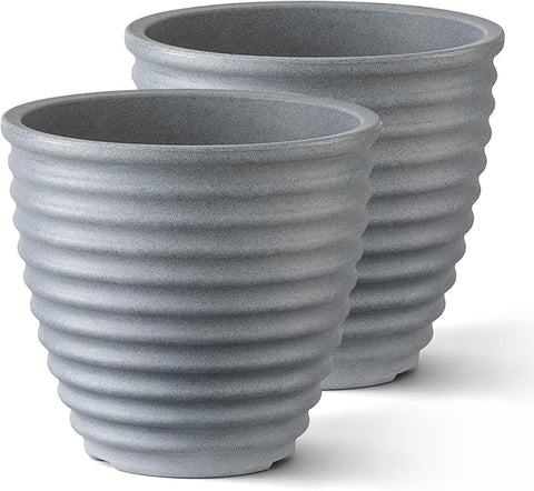 ARBORA 16" Ibiza Polyresin Indoor and Outdoor Planter with Stone Blend Concrete Gray Finish - Durable, Weatherproof, Lightweight, Large Plant Pot for Patio, Garden, Deck, Entryway - 2 Pack