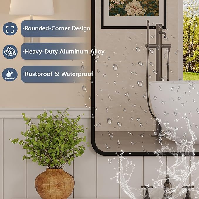 22×30 Black Bathroom Mirror for Over Sink - Rectangle Bathroom Vanity Mirror Wall Mounted with Matte Aluminum Frame & Rounded Corners, Shatterproof Tempered-Glass, Horizontal/Vertical