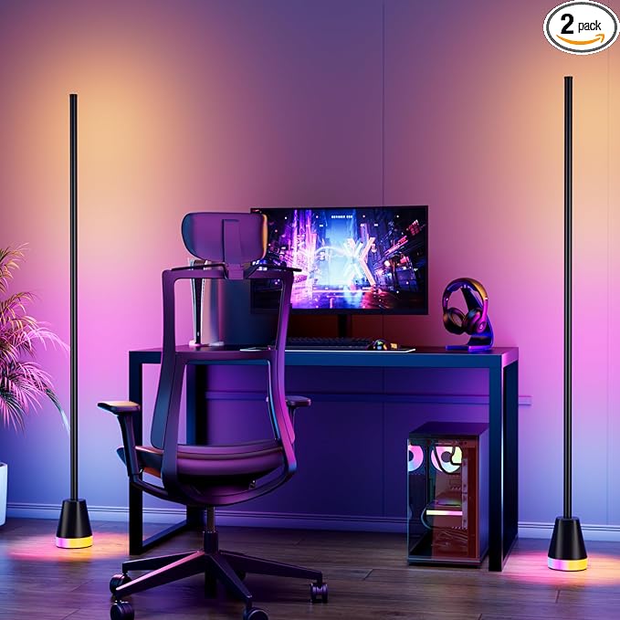 2PCS RGB Corner Floor Lamp, 60 Inch Bright Standing Lamps for Bedroom with APP and Remote Modern Floor Lamp Color Changing Ambience Light with Music Sync and 16 Million Colors