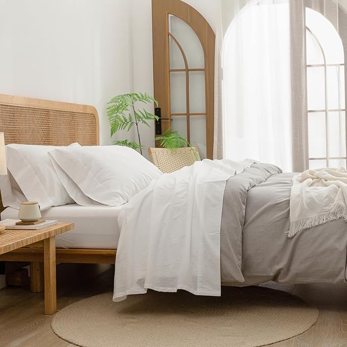 BESTOUCH Sheet Set 100% Washed Cotton Linen Feel Super Soft Comfortable Chic Lightweight 4 Pcs Home Bedding Set Solid Off White Full
