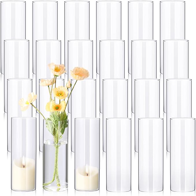 24 Pcs 8 Inch Tall Glass Vases Bulk Clear Cylinder Flower Vases Transparent Candle Holder Bulk Wedding Table Centerpieces Decoration for Banquet Dinners Party Event