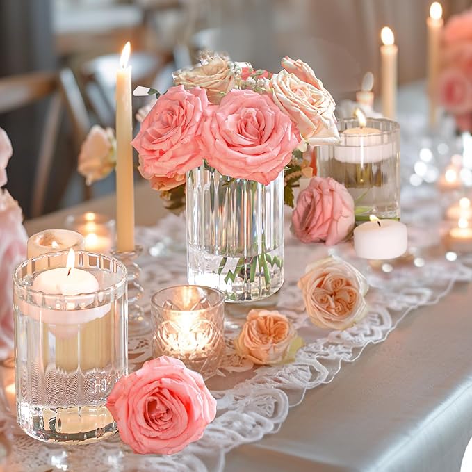 ComSaf Glass Cylinder Vases Pack of 12, Clear Ribbed Bud Vases for Centerpieces Weeding Decoration, 6 inch Tall Clear Flower Vases in Bulk, Hurricane Candle Holder for Party Home Decor