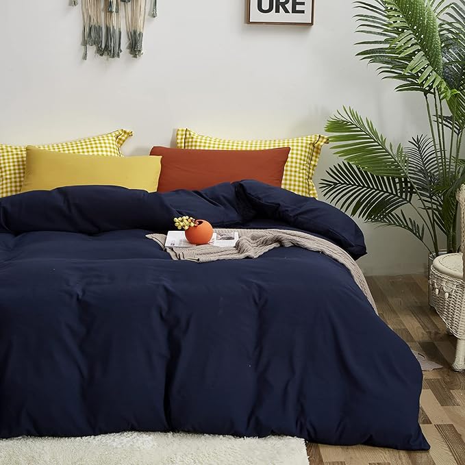Luxlovery Navy Blue Comforter Set California King Dark Blue Bedding Comforter Set Soft Breathable Quilts Breathable Cozy Comforter with 1 Yellow+1 Caramel Pillowcase for King Bed