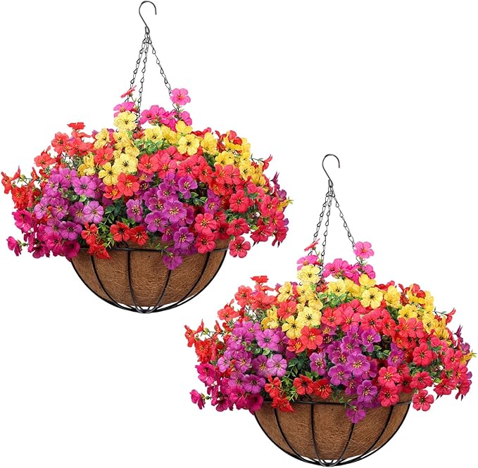 2 Pack Outdoor Artificial Flowers with Hanging Basket, Outdoor Fake Hanging Flowers for Spring Summer Front Porch Patio Yard Garden Home Decor (Red, Purple, Yellow, Hot Pink)