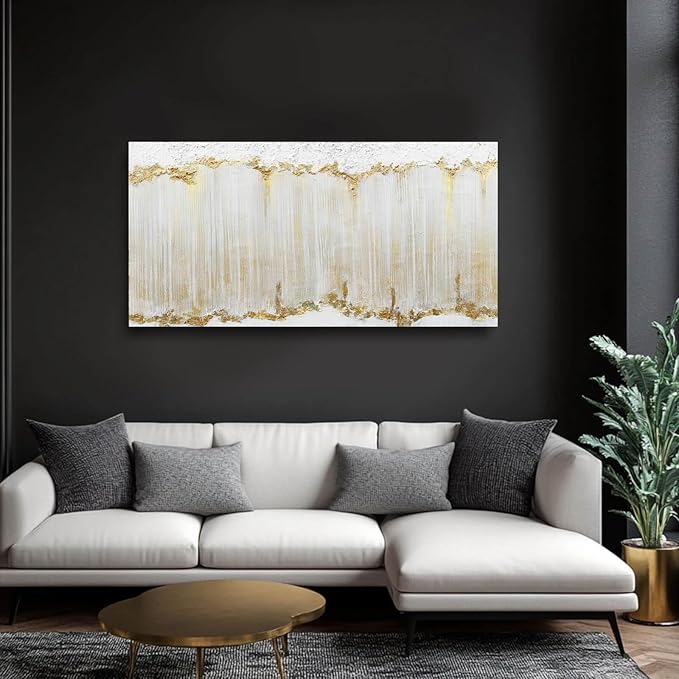 WINKAILIN White and Gold Canvas Wall Art Modern Abstract Wall Decor for Living Room Gold Line Office Decor 24"x 48" Textured Wall Prints Ready to Hang