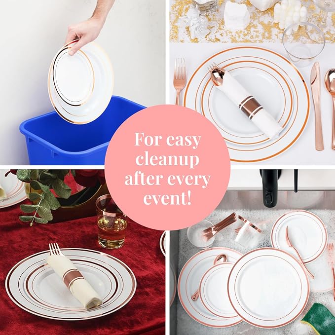 Prestee Rose Gold Disposable Dinnerware Sets - 350-Piece Plastic Dinner Set for 50 Guests, Includes Plastic Plates, Cups, Cutlery, for Weddings, Baby Showers, and Party Dining