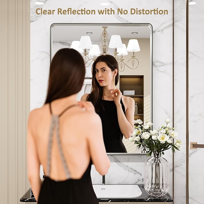 LOAAO 24X30 Inch Brushed Nickel Bathroom Mirror, Rounded Rectangle Silver Metal Frame Mirror, Brushed Nickel, Anti-Rust, Shatter Proof, Hangs Horizontally or Vertically