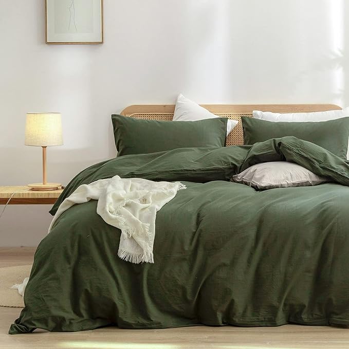 BESTOUCH Duvet Cover Set 100% Washed Cotton Linen Feel Super Soft Comfortable Chic Lightweight 3 PCs Home Bedding Set Solid Olive Green Oversized Full