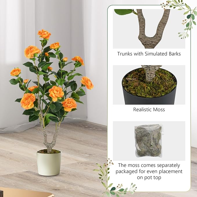 Goplus 36’’ Artificial Camellia Tree, 2 Pack Flower Plants Artificial Tree, Faux Floral Plant Blooming Tree in Nursery Pot, Greenery Potted Plant for Indoor Office Home Porch Decor, Orange
