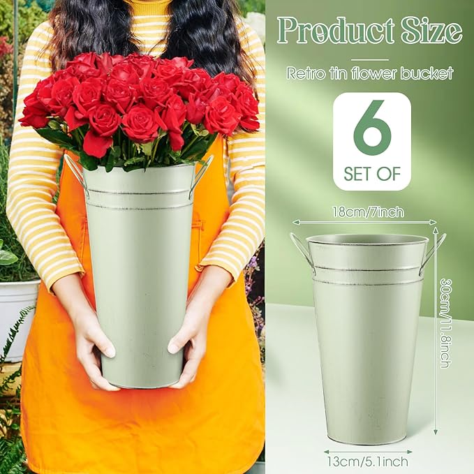Irenare 12 Inch Vintage Galvanized Flower Bucket Metal Flower Vase Farmhouse French Bucket Planter Metal Floral Container for Party Table Centerpiece Weddings Home(Sage Green,6 Pcs)