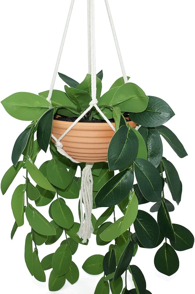 Hanging Plants Artificial Decor, Fake Hanging Plant in Clay Pot Artificial Hanging Plants with Fake Leaves and Hook for Wall Home Room Indoor Outdoor Décor (Dark Green)