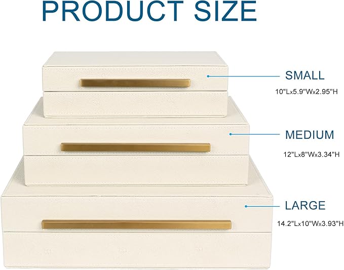 Beige Shagreen Decorative Box Set of 3 - Faux Leather Nesting Storage Boxes with Lids, Large Modern Jewelry Organizer, Stackable Home Decor Box for Bedroom, Bathroom & Office