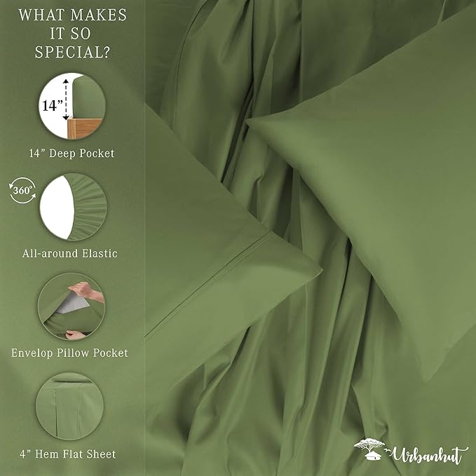 URBANHUT 700 Thread Count Egyptian Cotton Twin Sheets, 4Pc Sheet Set Soft Luxury Bed Sheets for Twin Size Bed, Sateen Weave Hotel Sheets, 14'' Elasticized Deep Pocket - Sage