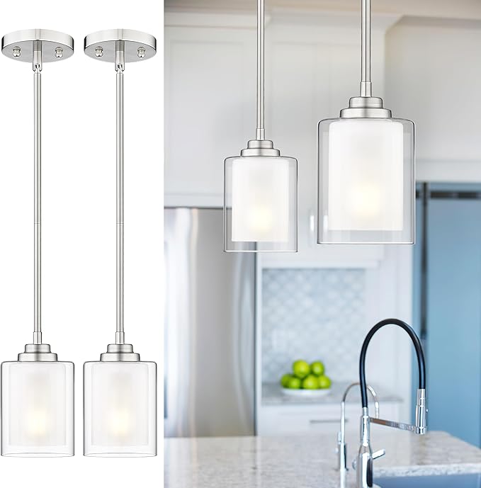 TENGXIN Modern Pendant Light,Brushed Nickel Modern Pendant Light for Kitchen Island,Hanging Ceiling Light Fixture,Farmhouse Pendant Lighting for Dining Room Bedroom Bar Office 2Pack,TXPLBN02-2PK