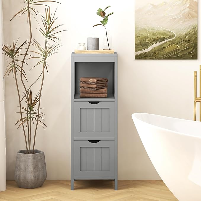 Tangkula Small Bathroom Storage Cabinet with 2 Removable Drawers, Wood Freestanding Floor Cabinet for Bathroom, Anti-Tipping Device, Side Corner Cabinet for Small Spaces (Grey)