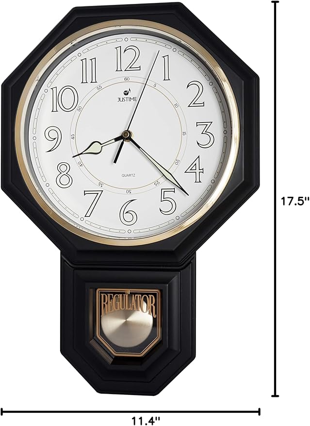 JUSTIME Traditional Schoolhouse Luminious Arabic Regulator Wall Clock, Chiming Wall Clocks with Pendulum & Westminster Chime Hourly, Schoolhouse Wall Decor Battery Operated (Matte Black)