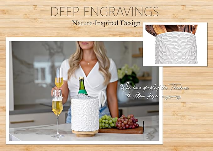 Extra Large 360° Rotating Utensil Holder for Kitchen Counter, 8.3” Cooking Utensil Holder for Countertop with Bamboo Base, White Ceramic Utensil Crock Canister for Cooking Utensils - Engraved Design