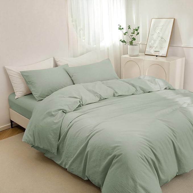 JIYUAN 100% Washed Cotton Duvet Cover Set 3 Pieces King, 1 Duvet Cover 104x90 Inches(Comforter Not Included) and 2 Pillowcases,Linen Feel Bedding Set Comfy and Breathable, Heathered Sage Green