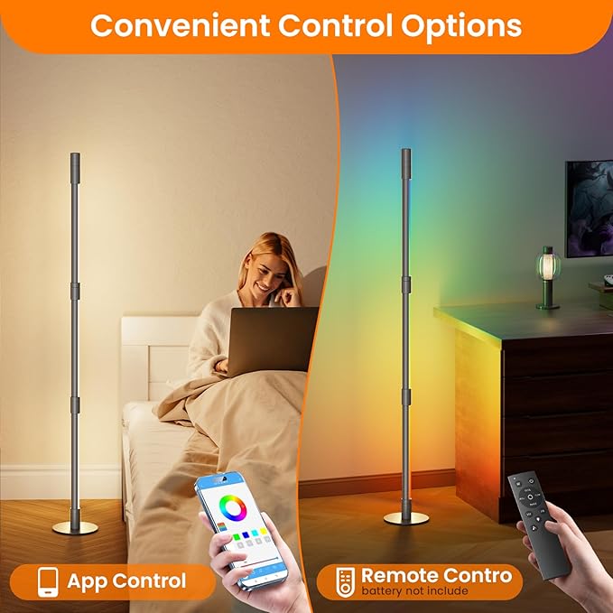 RGBWIC LED Corner Floor Lamp – Smart Ambient Light with Bluetooth App & Remote Control, Music Sync, Color Changing, Mood Lighting for Bedroom, Living Room, Gaming Setup, Home Decor (2pack Grey)