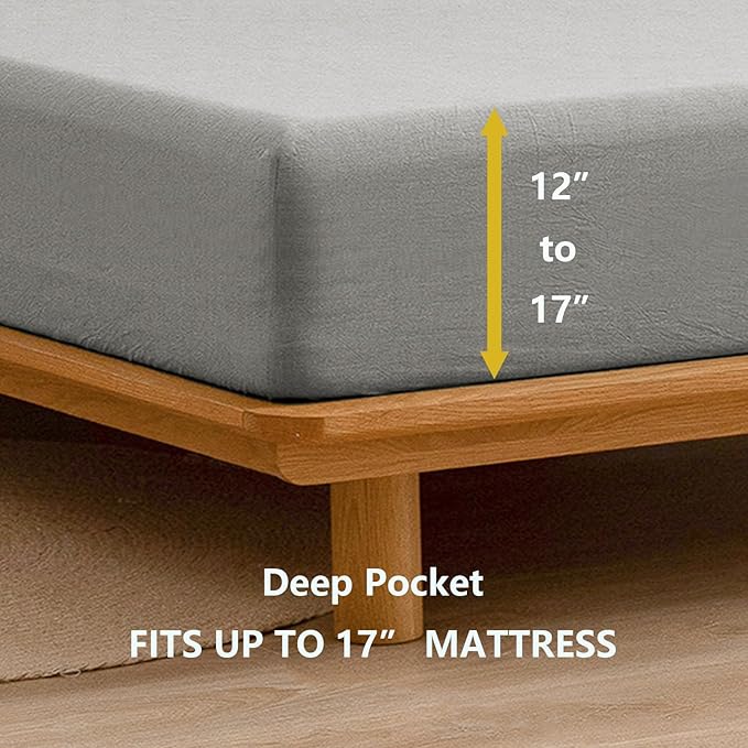 BESTOUCH Sheet Set 100% Washed Cotton Linen Feel Super Soft Comfortable Chic Lightweight 4 Pcs Home Bedding Set Solid Light Grey Full