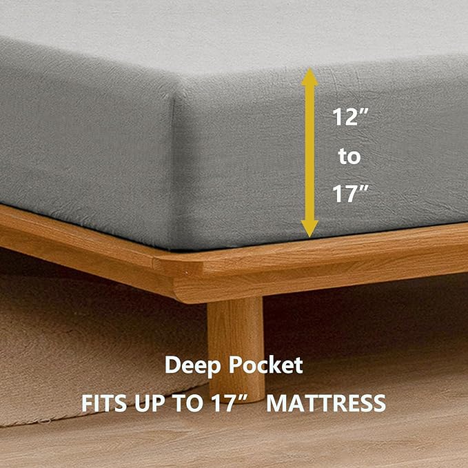 BESTOUCH Sheet Set 100% Washed Cotton Linen Feel Super Soft Comfortable Chic Lightweight 3 Pcs Home Bedding Set Solid Light Grey Twin