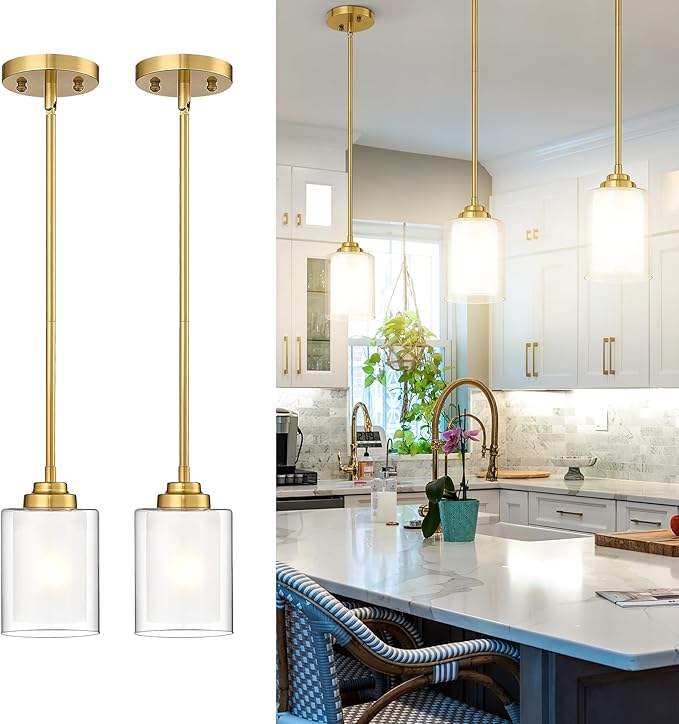 TENGXIN Modern Pendant Light,Brushed Gold Modern Pendant Light for Kitchen Island,Hanging Ceiling Light Fixture,Farmhouse Pendant Lighting for Dining Room Bedroom Bar Office 2Pack,TXPLBG02-2PK