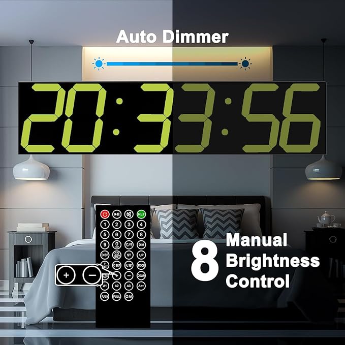 Digital Wall Clock, Oversize Digital Clock with Auto Dimmer, Huge Countdown Timer with Remote Control, 27" Wide Led Display, 6 Digits, Wall Mount, Date and Temperature（Yellow）