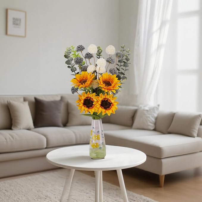 Fake Sunflowers with Hand-Painted Vase,16" Artificial Flowers in Small Ceramic Vase,Silk Flower Eucalyptus Bouquet Faux Arrangements for Home Living Room Kitchen Office Coffee Table Decor
