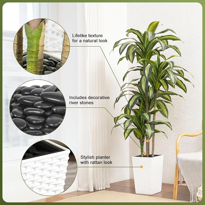 Artificial Dracaena Tree 6FT - UV Resistant Faux Tree with Large Taper Planter & Pebbles - Tall Fake Plants Indoor & Outdoor, Potted Floor Plant for Home Living Room Porch Decor, VN127