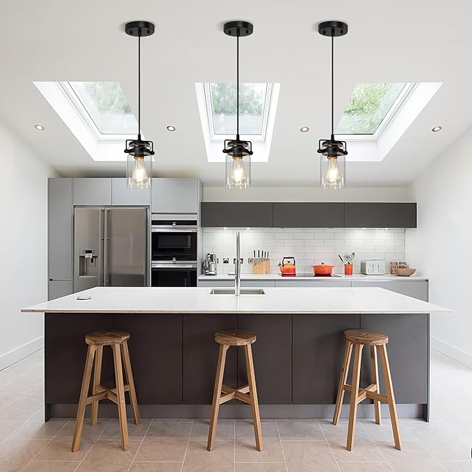Industrial Pendant Lighting Fixtures, Hanging Pendant Lights with Seeded Glass Shade, 3 Pack Black Ceiling Light Fixture Adjustable Farmhouse Pendant Light for Kitchen Island Dining Room