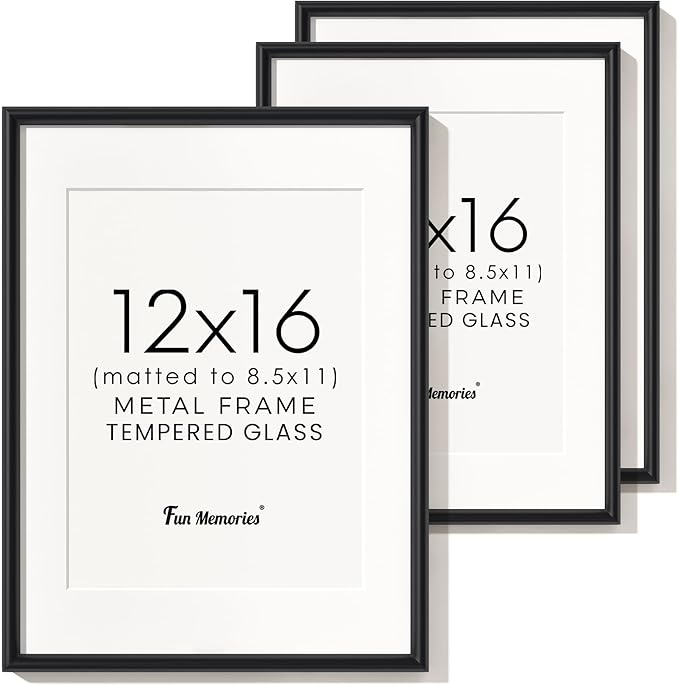 12x16 Picture Frame Black, Aluminum Picture Frames 12"x16" Set of 3, 12x16 Picture Frame with Mat for 8.5x11, 12 by 16 Frame Real Glass, 12 x 16 Metal Frame for Home Decor