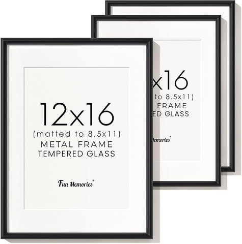 12x16 Picture Frame Black, Aluminum Picture Frames 12"x16" Set of 3, 12x16 Picture Frame with Mat for 8.5x11, 12 by 16 Frame Real Glass, 12 x 16 Metal Frame for Home Decor
