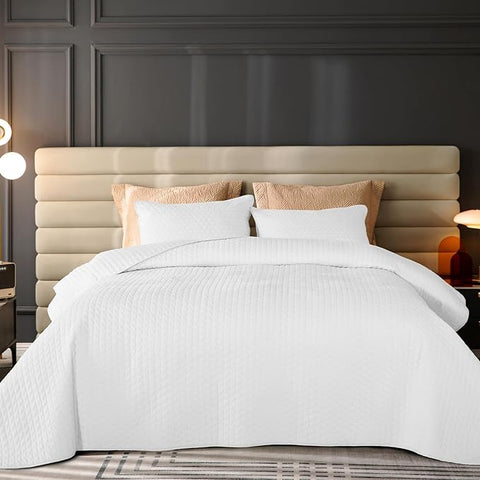 Velvet Quilt King Size, Luxurious Reversible Quilted Bedding Set, Lightweight Velvet Comforter Coverlet with Brushed Back, Cross Stitch Striped, Ultra Soft Cozy Warm for All Season,White