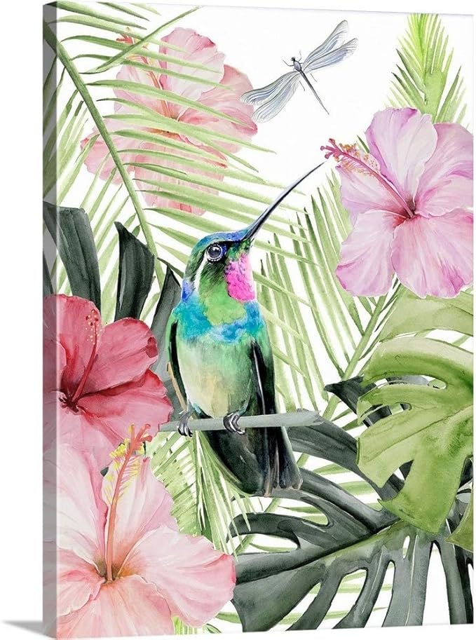 CANVAS ON DEMAND Hibiscus & Hummingbird II Canvas Wall Art Print by Jennifer Paxton Parker, Contemporary, Home Decor, Bird, Wildlife Artwork, 18" x24in